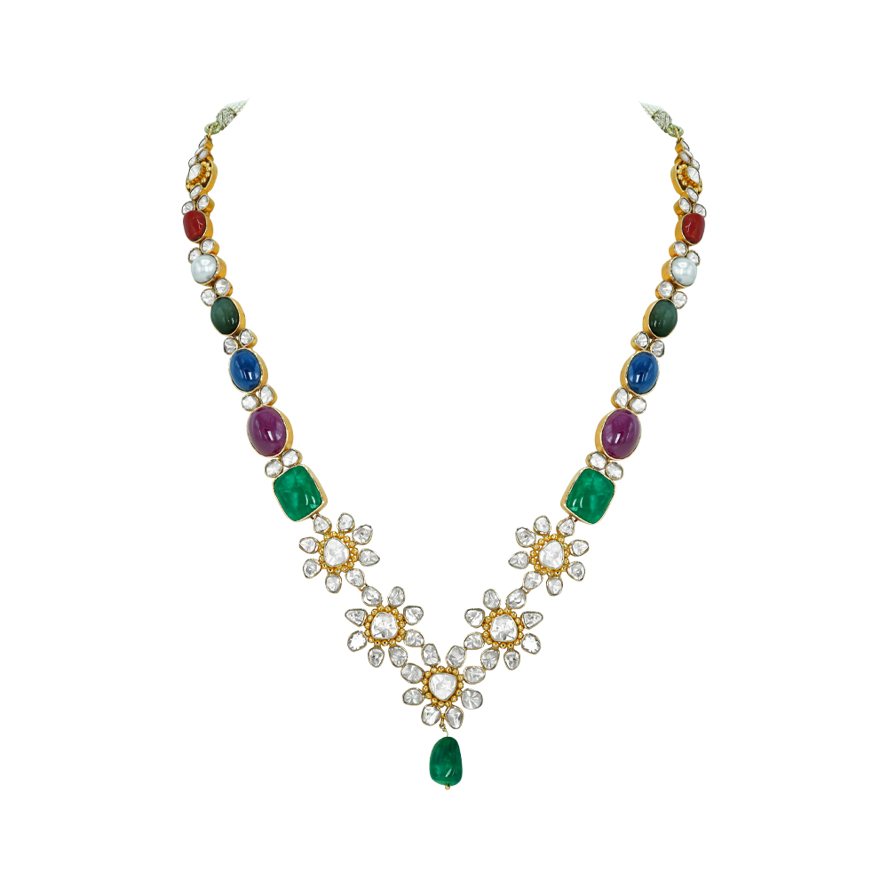 Navaratan Floral Necklace with Polkis, Emeralds, Rubies, and Pearls